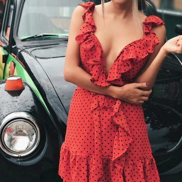 Navy Polka Dot Cold Shoulder Ruffles Dress - Picture 3 of 8